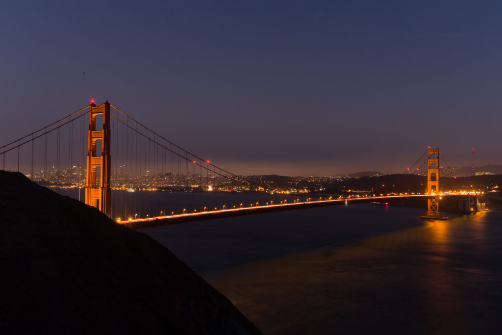 Night photo of the San Francisco bridge